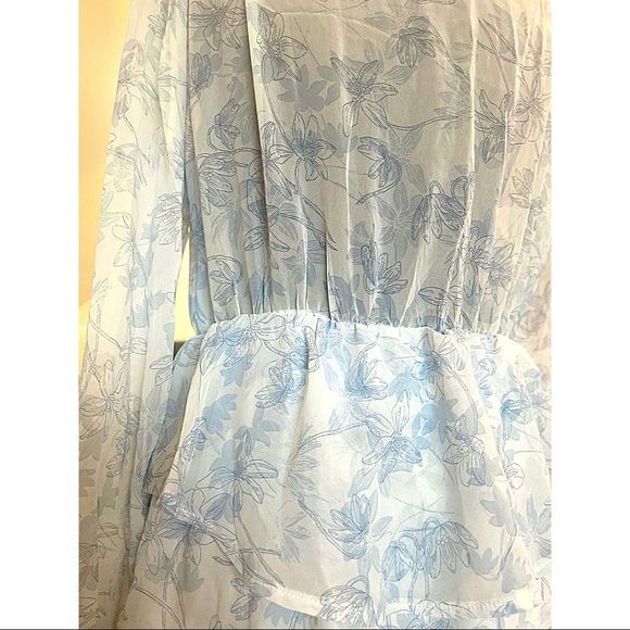 Simplee White & Blue Floral Ruffle Bishop Sleeve Romantic Spring Dress - Picture 6 of 13